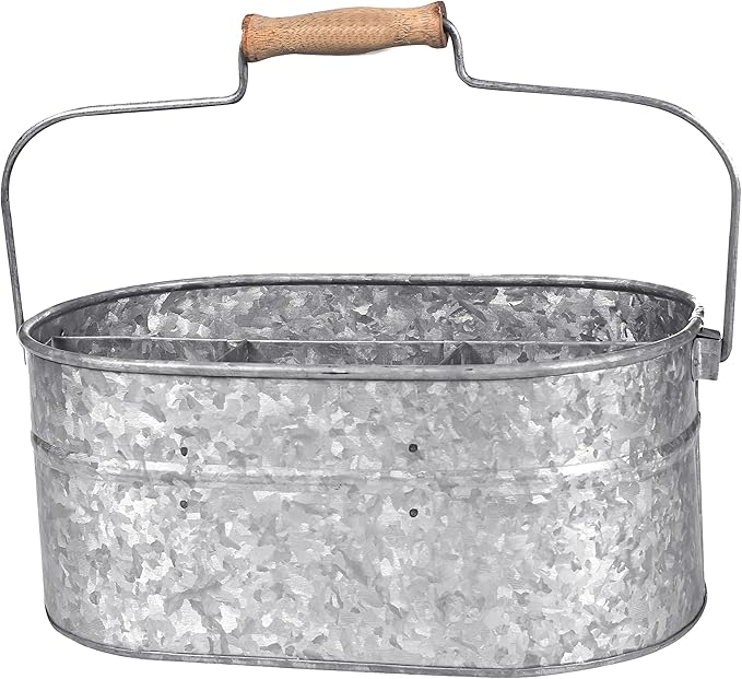 Light & Pro Multipurpose Galvanized Rustic Farmhouse Caddy - Metal 4 Compartment Storage Bin Caddy With Wooden Handle Perfect For Kitchen Utensils, Picnic, Garden Planter - Hammered - Antique Grey