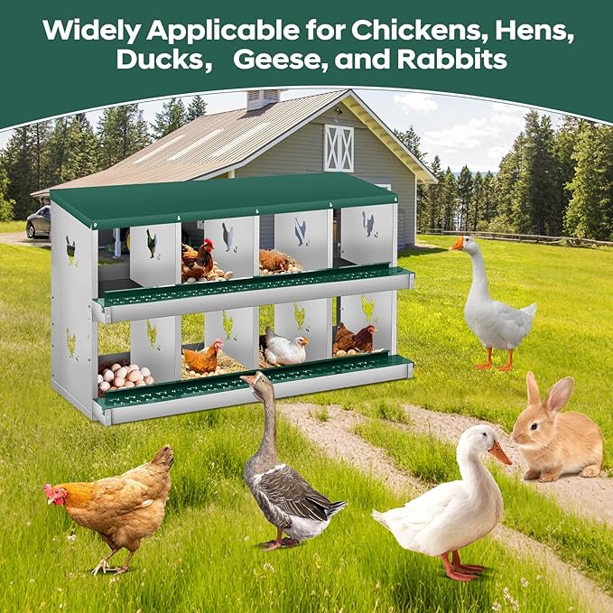 Garvee 8 Compartment Chicken Nesting Box, 2 Layer Wall Mount/Free Standing Poultry Nest for Chickens, Hens, Ducks, Metal Chicken Laying Boxes with Perch, Secure Lid, Vented Holes, Green