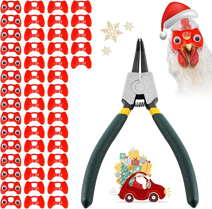 50 Pcs Pinless Peepers with Stickers, Pliers for Chickens, Pheasant Poultry Blinders, Anti-Pecking Glasses