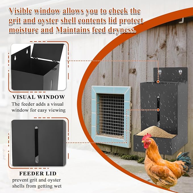 2pcs Metal Chicken Grit and Oyster Shell Feeder with View Window,Hanging or Mountable Poultry Feeder for Hens,Large Capacity, for Egg-Laying Chickens