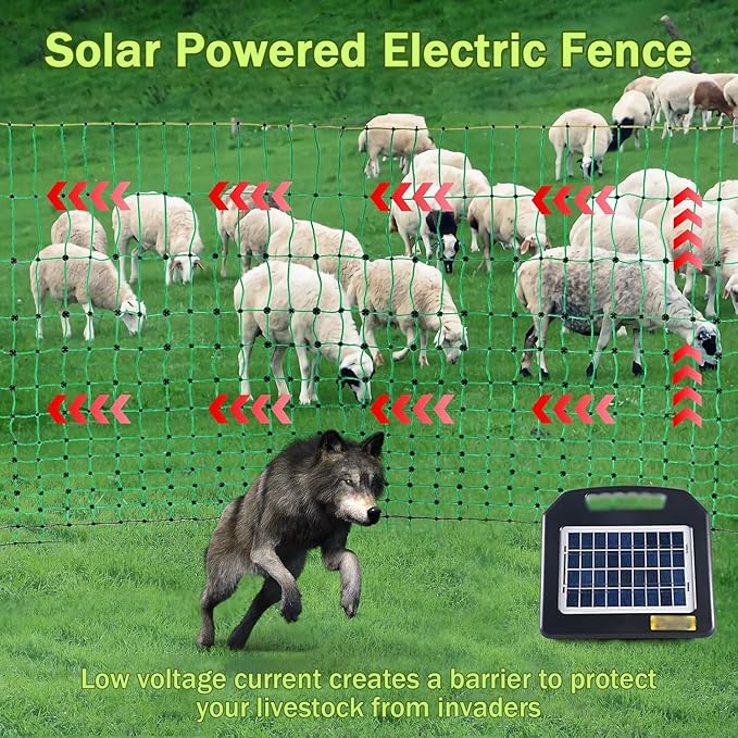 Solar Powered Electric Fence, Electric Poultry Netting, Electric Anti-Predator Poultry Fence, with 14 Posts Double Spiked, 35.4" H*164' L, for Ranches, Farms, Backyards