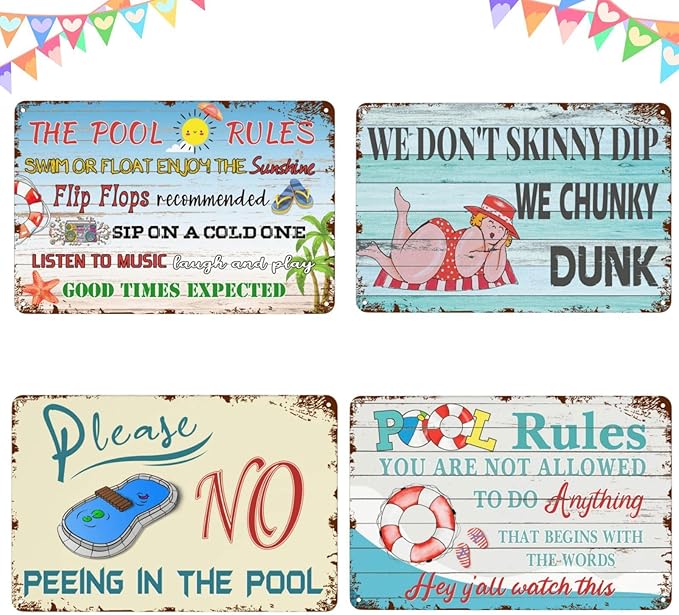Pool Rules Sign - Hot Tub Sign 12"x 8" Pool Sign For Bundle 4 Pieces Pool Area Decorations Outdoor, Decor Funny For Swimming Pool Rules Gifts Garage Office Craft Room Living Room