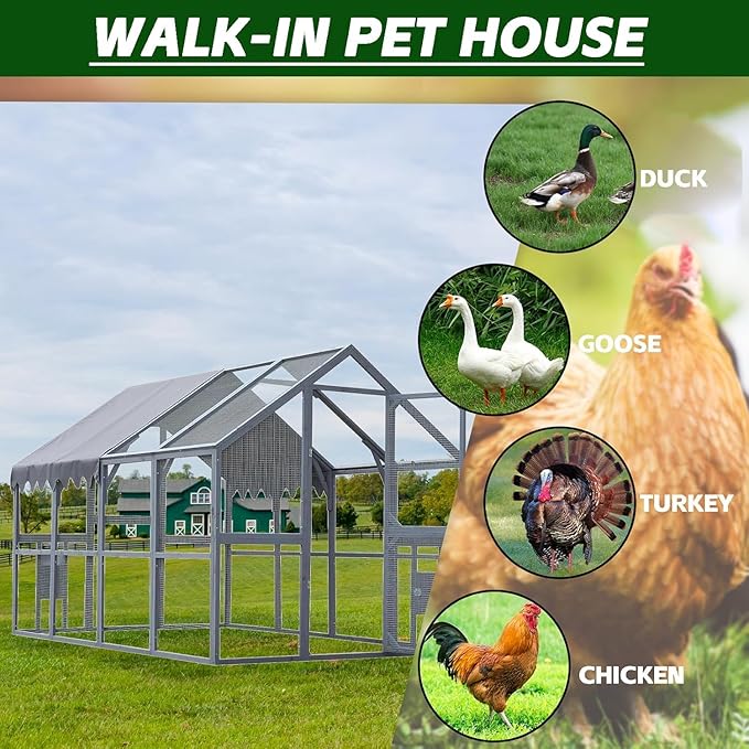 Endark 110" Large Walk-in Chicken Coop: A Spacious Outdoor Yard & Playpen with Waterproof Roof. Features Durable Wood Construction for Superior Rain Protection (Brown) (Grey)