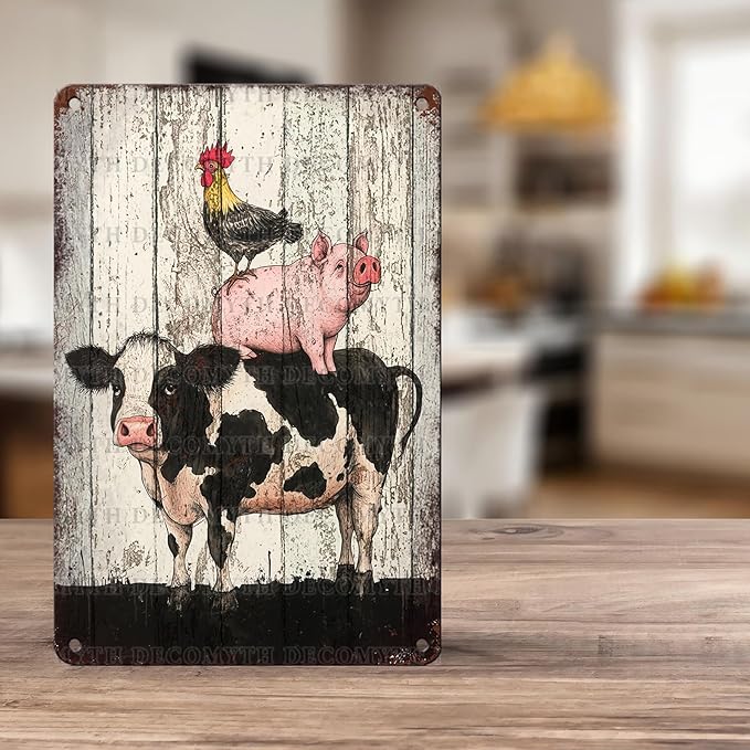 DecoMyth Vintage Chicken Cow Pig Tin Sign Retro Coop Wall Decor Nostalgic Art Funny Animals Rustic Metal Poster Outdoor Store Cafe Poultry House Pubs Farm Farmhouse 12 * 8inch