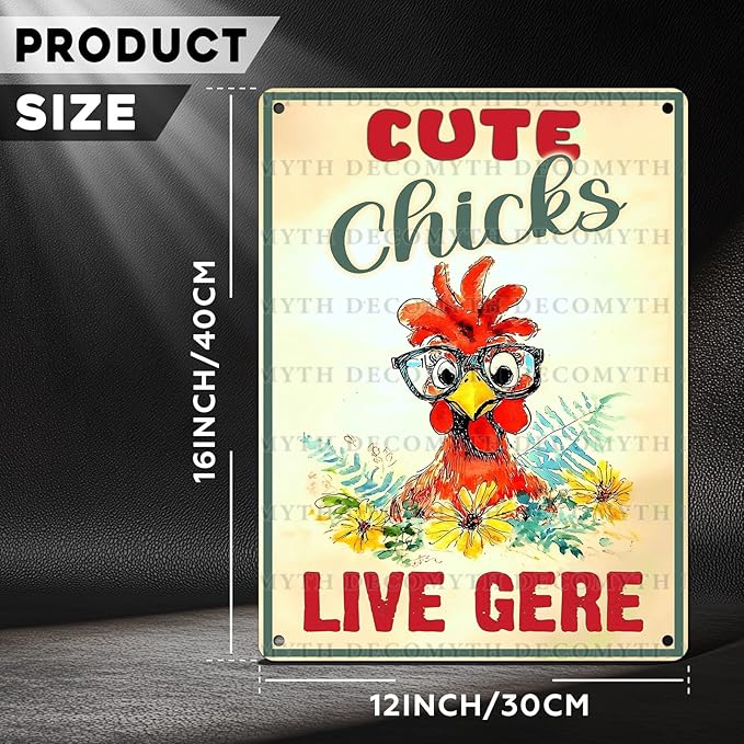 Vintage Chicken Sign Cute Chicks Live Here Metal Country Chicken Hen Rooster Tin Signs Funny Coop Signs Outdoor Decor for Lovers House Decor 12 * 16inch