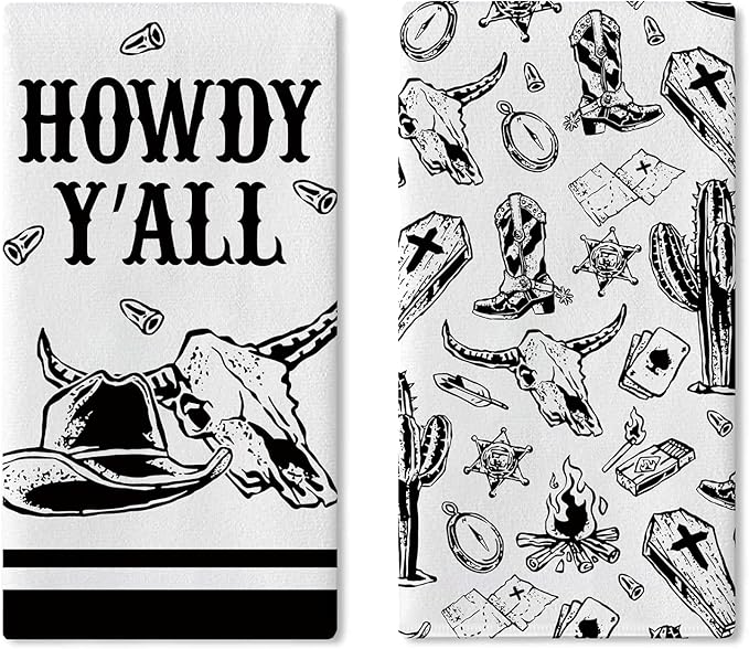 Howdy Y‘All Western Cowboy Kitchen Dish Towels Set of 2, Black White Bull Skull Hat Boot Cactus Drying Hand Towel Baking Cooking Cloth, Rustic Country Bathroom Home Decoration 18'' x 26''