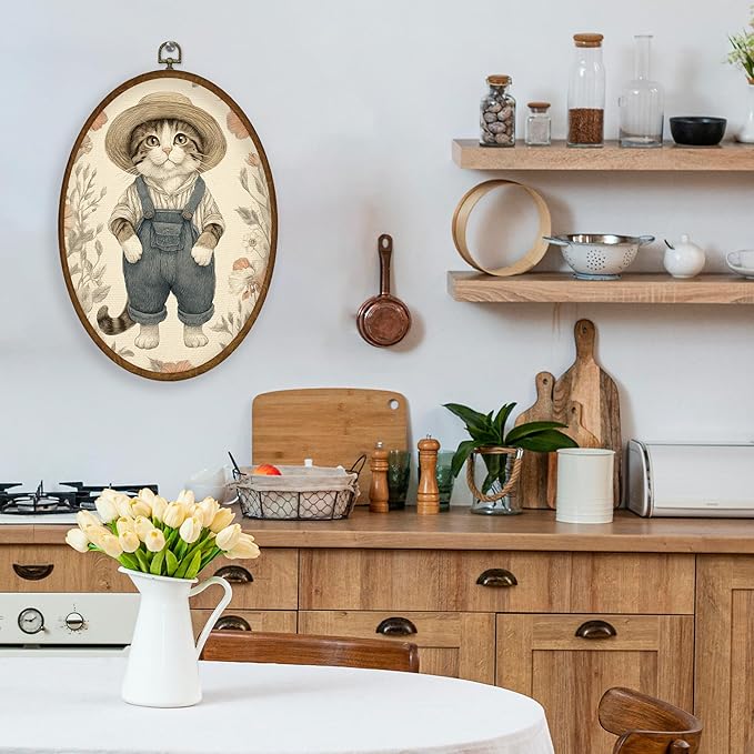 WULQYING Vintage Overall Cat Wall Art Decor, Whimsical Cottagecore Animal Oval Framed Canvas Art Prints, Rustic Floral Farmhouse Wall Hanging Decor for Home Nursery Living Bedroom, 8.6x11.4 Inches