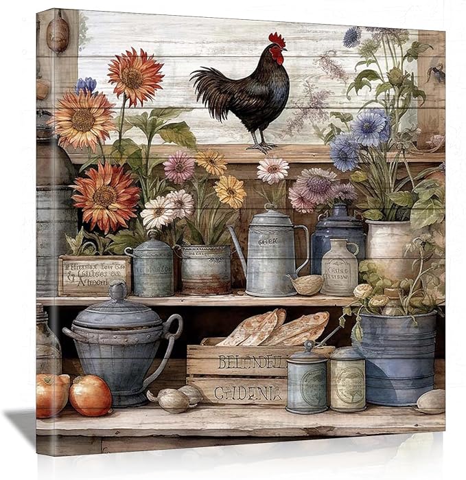 Framed Chicken Wall Art 16x16 Inch Rooster on Flower Stand Canvas Print Farmhouse Country Style Artwork for Kitchen Living Room Rustic Home Wall Decor