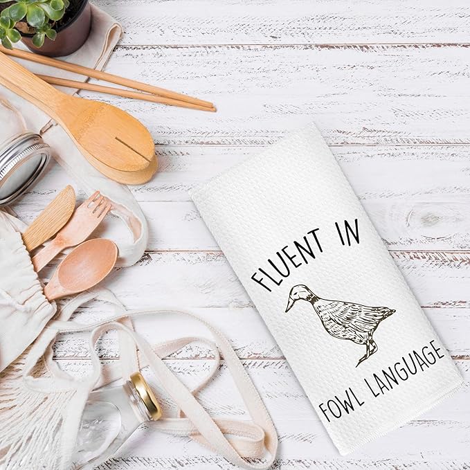 Funny Duck Kitchen Dish Towels 16x24 Inch, Rustic Crazy Duck Gifts for Duck Lover Duck Mom, Fluent in Fowl Language Decorative Hand Towels Tea Towels for Farmhouse Home