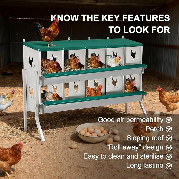 Chicken Nesting Box 10 Compartment with Legs 10 Pet Moisture Pads and 4 Fake Eggs Roll Away Egg Collection, Perch, Lid Cover for Egg Protection - Wall Mount Nest Box for Chickens, Hens, Ducks