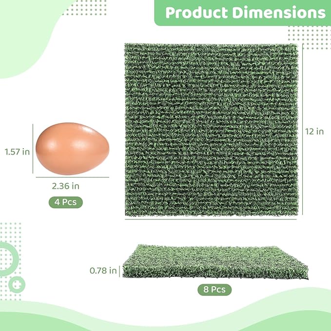 8 Pcs Chicken Nesting Pads, Washable Nesting Box Liners for Chicken Coop, Reusable Plastic Nest Box Pads with 4 Pcs Fake Wooden Eggs, Chicken Laying Mats, 12×12×0.8 inch