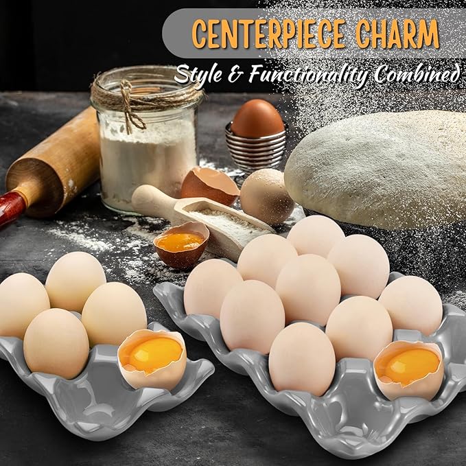 Flexzion 12 + 6 Cups Ceramic Egg Holder for Fridge - 18 Porcelain Egg Tray Container Keeper Storage Organizer Decorative Serving Stand Serveware for Refrigerator Countertop Display Kitchen (Gray)