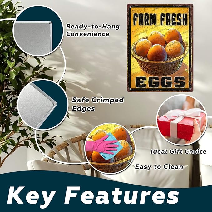 Vintage Farm Chicken Metal Sign Fresh Eggs Metal Poster Home Bathroom Kitchen Farmhouse Garden Coffee Retro Aluminium Sign Art Wall Decor Plaque 16x12 Inch
