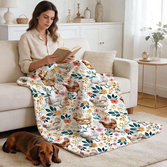 Chicken Blanket for Farmer Lover, Floral Chicken Gifts for Women, Ultra-Soft Rooster Hen Throw Blanket for Couch Bed Living Room, Farmhouse Decor Farm Chicken Lovers Gifts, 30"x40"-Toddlers/Pets Size