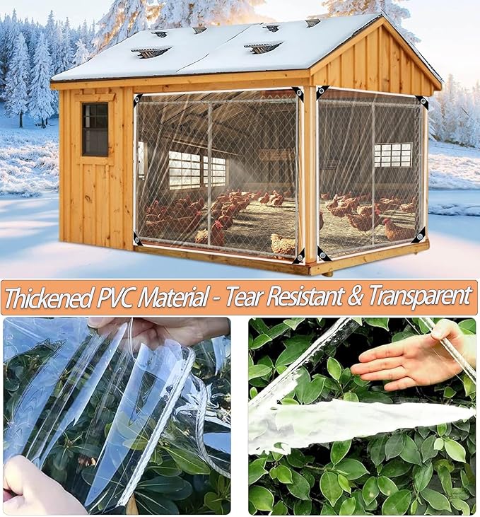 9.8 * 16.4 FT Thickened Chicken Coop Cover for Winter, Waterproof & Anti-Tear Chicken Coop Insulation with Rope, Chicken Run Sidewalls, Windproof Clear Chicken Coop Tarp for Chicken Run