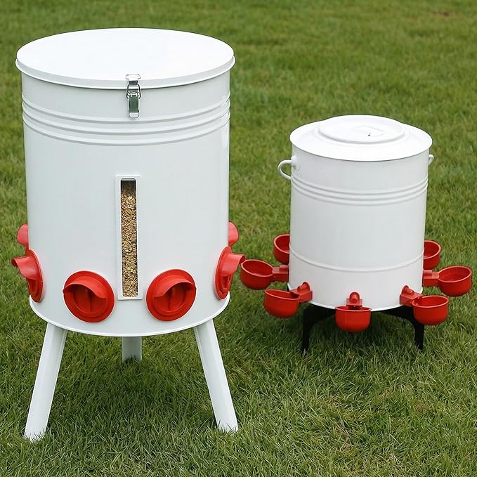 KOL 50 LB Chicken Feeder & 5 Gallon Chicken Waterer Set, All-Metal No-Waste Poultry Feeder & Automatic Gravity Waterer with 8 Ports & 8 Cups Chicken Coop Accessories