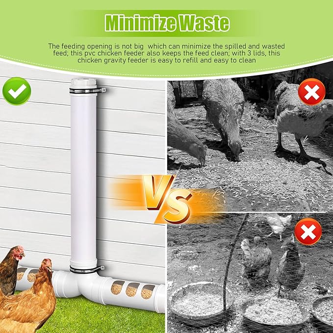 PVC Pipe Chicken Feeder No Waste Automatic Chicken Feeder Tube 12 Lbs Capacity, Wall Mounted Gravity Fed Poultry Feeder with 6 Feeding Holes for Chicken Coop