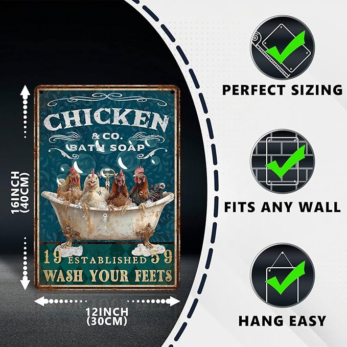 Funny Chicken Bathroom Sign Chicken Coop Metal Decor Wash Your Feets Tin Signs Vintage Wall Art For Home Restroom Washroom Cafe Indoor Kitchen Toilet Farmhouse Bar 16 * 12 In