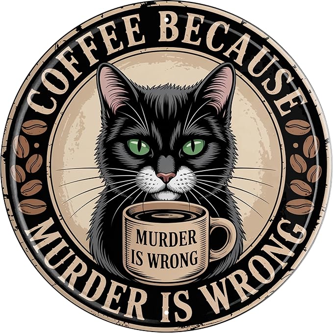 AWISZZZ Coffee Murder Wrong Metal Sign 8x8in Round Humorous Plaque for Kitchen Office Wall Decor Caffeine Gift