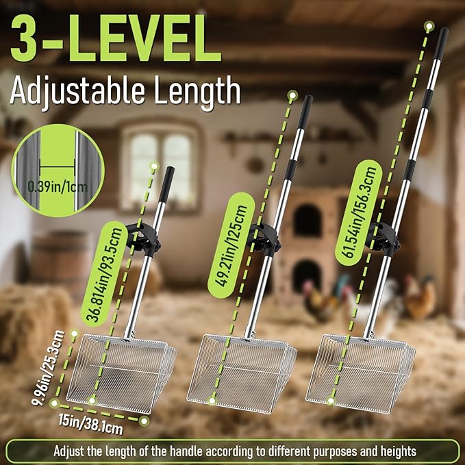 15-inch Metal Extra Large Chicken Poop Scooper, Heavy Duty Chicken Coop Scoop with 36" to 61" Adjustable Stainless Steel Long Handle, Litter Sifting Shovel for Chicken Coop Cleaning