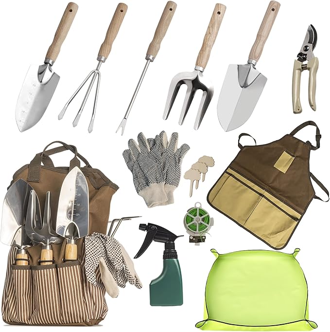 13-Piece Garden Tools Set with Tote Bag & Apron, Repotting Mat - Stainless Steel Heavy Duty Planting Kit, Ergonomic Non-Slip Handles - Gardening Gift for Women, Mom, Home Gardeners