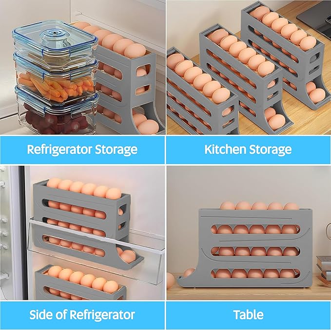 ZAYLAN Egg Holder for Fridge, Auto Rolling Egg Roller/Dispenser/Organizer/Storage Container, Space-Saving 4-Tier Egg Tray for 28 Eggs, Refrigerator, Kitchen & Countertop with Flower Egg Cutter (Gray)