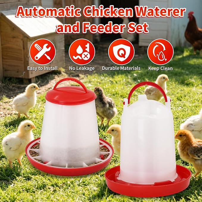 Hanging 1.5kg Chicken Feeder and 1.5L Chicken Waterer Set Kit,No Waste Plastic Automatic Chicken Feeder Waterer for Small Poultry Chicks,Quails and Birds, Outdoor Farm Equipment