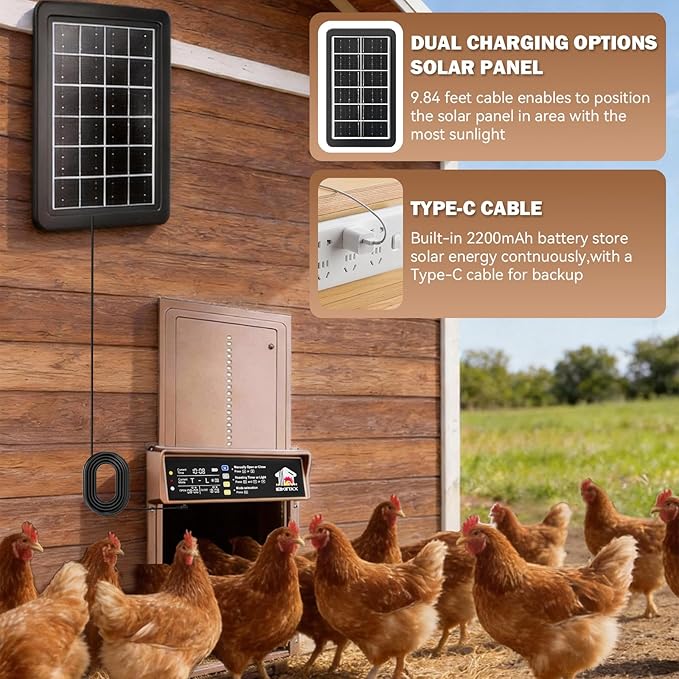 Automatic Chicken Coop Door Solar Powered, LCD Display Chicken Door with Timer & Light Sensor, 4 Modes Automatic Chicken Door Solar, Anti-Pinch & Weather Proof Coop Door with Remote Control