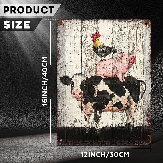 Vintage Chicken Cow Pig Tin Sign Retro Coop Wall Decor Nostalgic Art Funny Animals Rustic Metal Poster Outdoor Store Cafe Poultry House Pubs Farm Farmhouse 12 * 16inch