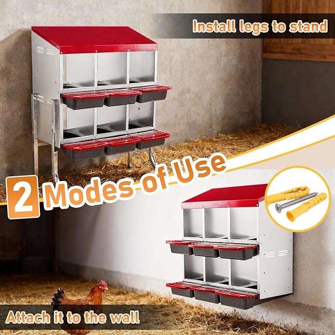 Outvita Chicken Nesting Boxes, 6 Compartments Metal Nesting Boxes for Chickens with Metal Legs, Wall/Floor Mount for Laying Eggs with Swing Perch and Roll Away Egg Collection for Chicken Coop, Red