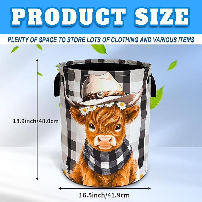 Cute Highland Cow Laundry Basket Oxford Cloth Calf Laundry Hamper With Handle Foldable Portable Clothes Storage Basket 18.9 X 16.5 In Storage Bag For Laundry Room/Bathroom/Bedroom/Dormitories