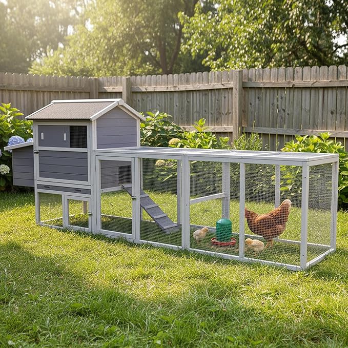 Chicken Coop with Run,Large Outdoor Chicken House with Nesting Box for 2-6 Chickens,Outdoor Wooden Hen House Poultry Pet Hutch Run Cage (Gray+White)