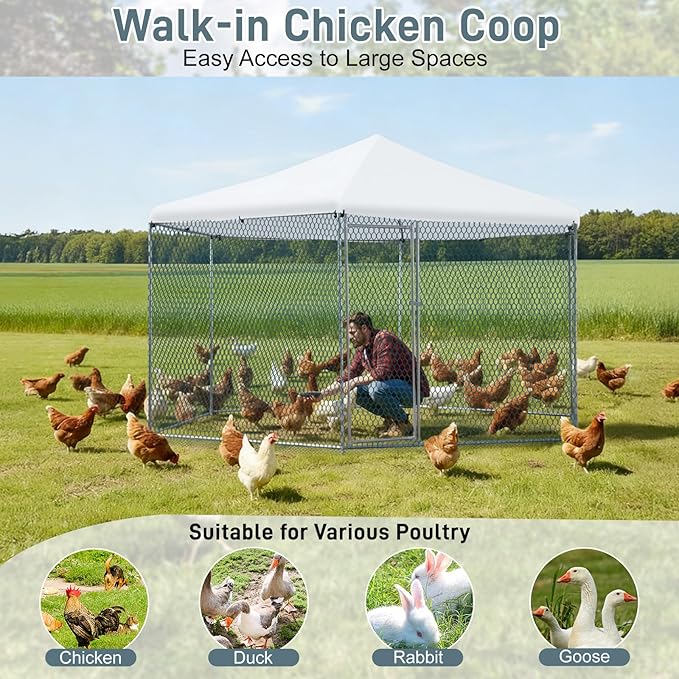 Outvita Large Metal Chicken Coop, Hexagon Walk in Chicken Run for Yard with Waterproof Cover, 13 x 11.4 x 8.6FT, Heavy Duty Steel Frame, Large Poultry Cage for Dog Kennel, Duck Coop and Hen House