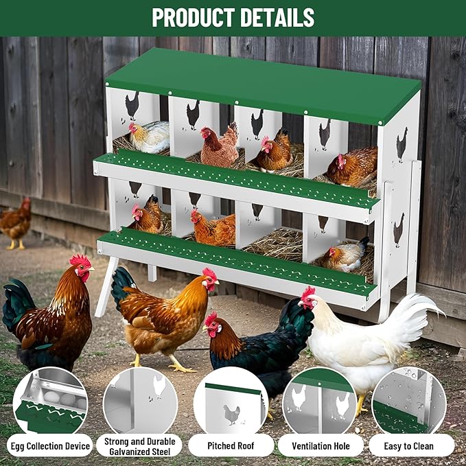 GarveeLife Nesting Boxes for Chickens, 8 Compartment Chicken Nesting Box with Metal Legs, Metal Chicken Laying Boxes with Perch, Secure Lid, Versatile Wall Mount or Free Standing for Hens, Green