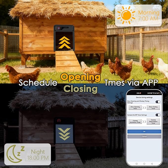 Automatic Chicken Coop Door with HD Camera and APP,Solar Chicken coop Door with Alarm Driver,Night Vision,Remote Controller,Timer,Intercom,Anti-Pinch,5000 mAh Rechargeable Battery