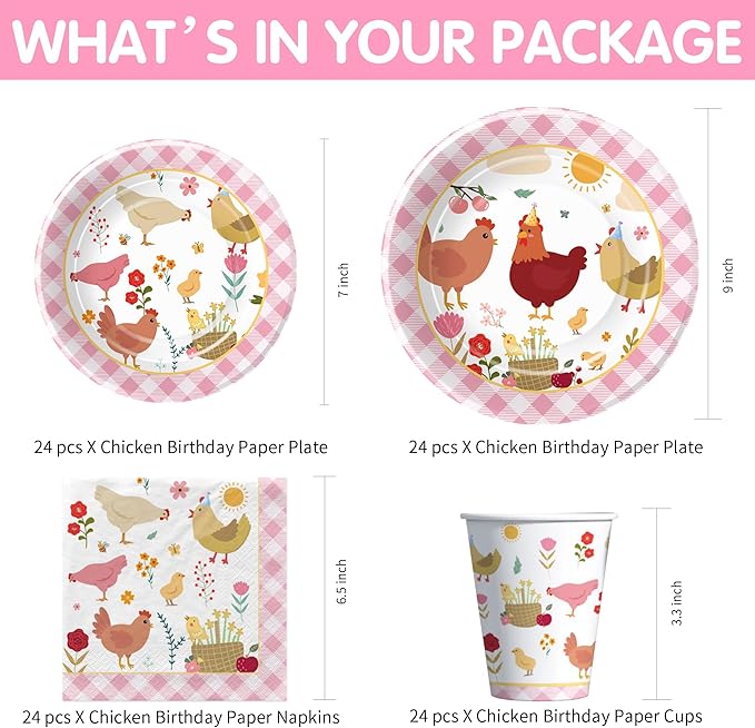 Chicken Party Decorations Tableware for Birthday Baby Shower, Farm Animal Barnyard Little Chick Birthday Party Supplies, Plate, Cup, Napkin, Straws, Disposable Cutlery, Tablecloth, 24 Guests