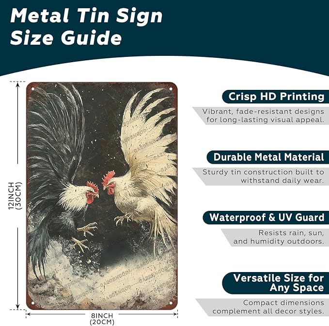 Vintage Metal Sign Farm Rooster Fighting Cock Cockfighting Gamecock Retro Game Fowl Metal Poster Home Garden Garage Farmhouse Aluminium Sign Art Wall Decor Plaque 12x8 Inch