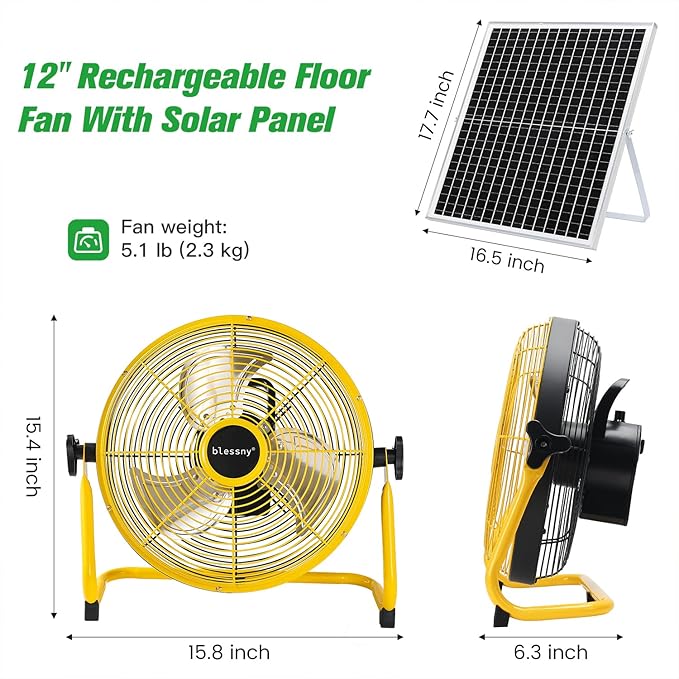 12" Solar Rechargeable Floor Fan for Home Outdoor Camping Gazebo Greenhouse Barn Poultry Pet House Cooling or Air Circulation