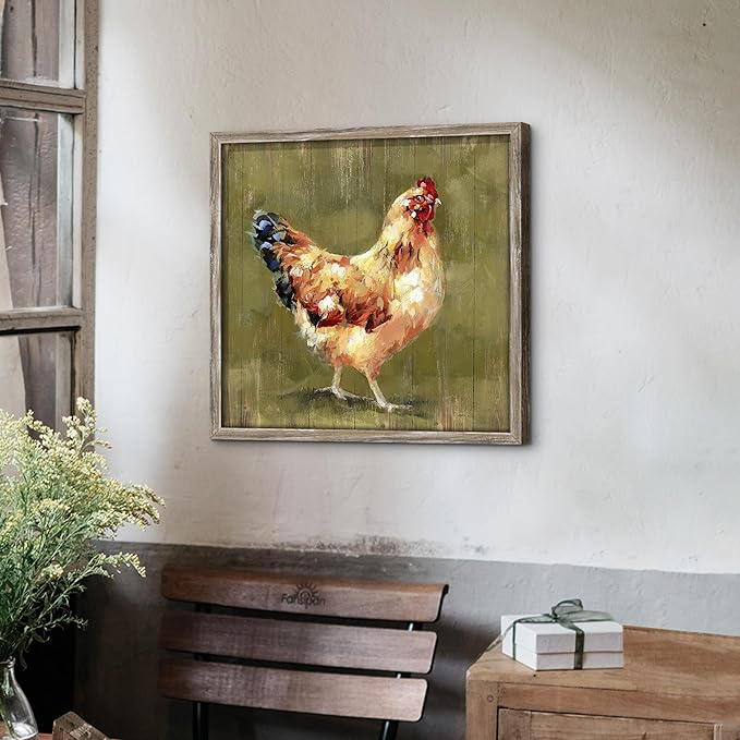 Farmhouse Wall Art Chicken Picture: Rustic Farm Animal Wooden Framed Artwork Decor Kitchen Country Print Chickens Hen Artwork for Bedroom Living Room Home 16 x 16 Inches