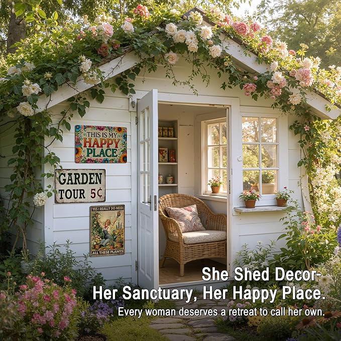 Garden Decor Welcome Sign for Patio She Shed Decor - Outdoor Wall Decor Art Garden Signs, This Is My Happy Place Welcome Door Sign 12x8 Inch