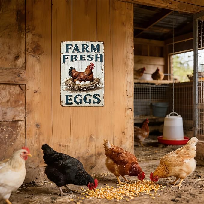 Funny Rooster Decor Vintage Farm Fresh Eggs Chicken Tin Sign for Chicken Coop Farm Garden Yard Decor 12x8 Inch