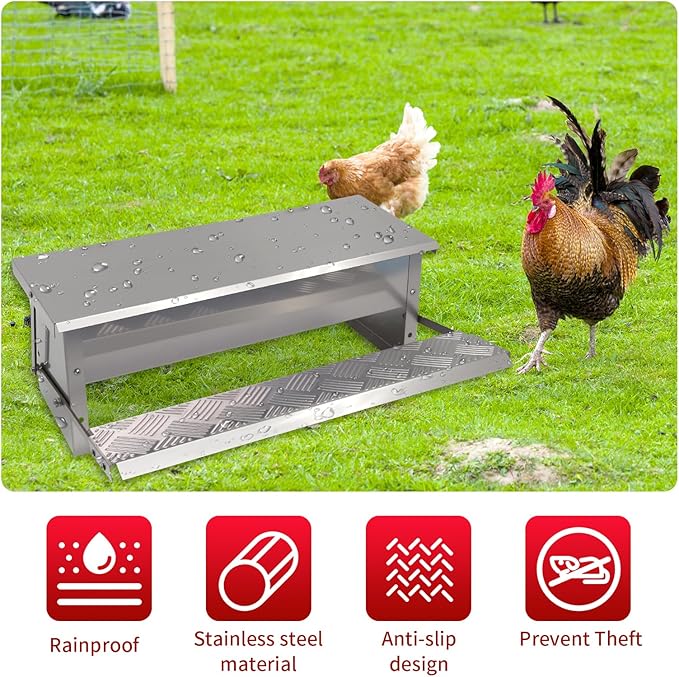 Automatic Chicken Feeder No Waste Large Poultry Stainless Steel with Weatherproof Lid Treadle Rat Proof Chicken Feeder Trough for Chicken Duck Gravity Food Dispenser