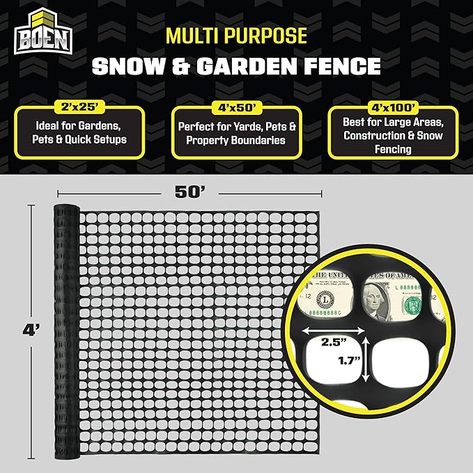 BOEN 4' x 50' Black Temporary Fencing, Mesh Snow Fence, Plastic, Safety Garden Netting, Above Ground Barrier, for Deer, Kids, Swimming Pool, Silt, Lawn, Rabbits, Poultry, Dogs