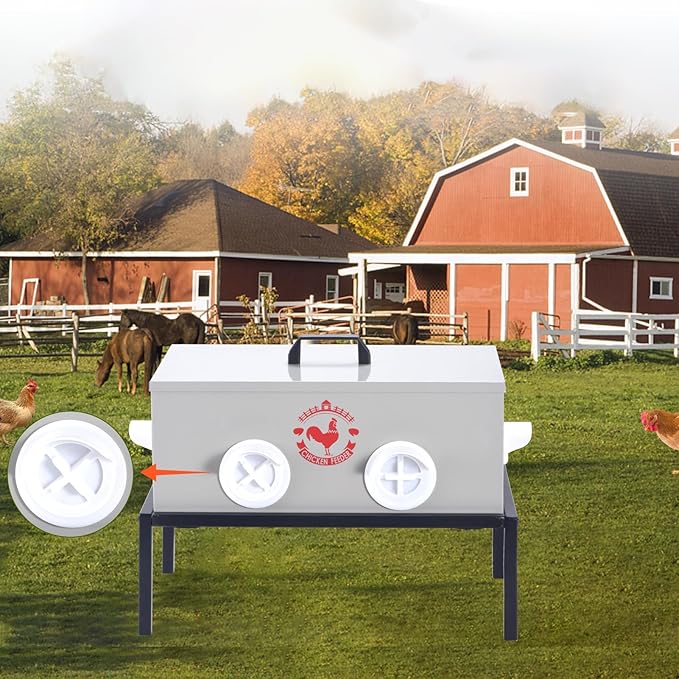 SARUFO Chicken Feeder 25lb 6-Port All-Weather Metal Poultry Feeder with Plugs, Wind and Rainproof, Suitable for Stove with Stand Inside or Outside