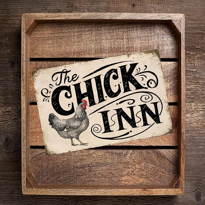 Vintage-Style "The Chick Inn" Sign - Rustic Farmhouse Decor with Detailed Chicken Illustration, 8" x 12"
