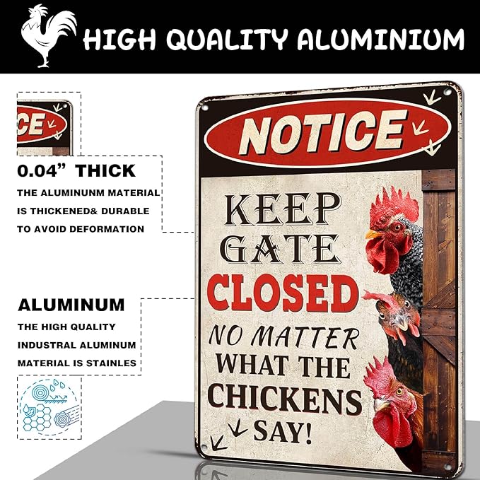 Chicken Gifts for Women Chicken Coop Accessories Chicken Coop Sign Metal Funny Farm Gate Decor Keep Gate Closed Rustic Outdoor Wall Art for Chicken Enthusiasts Lovers