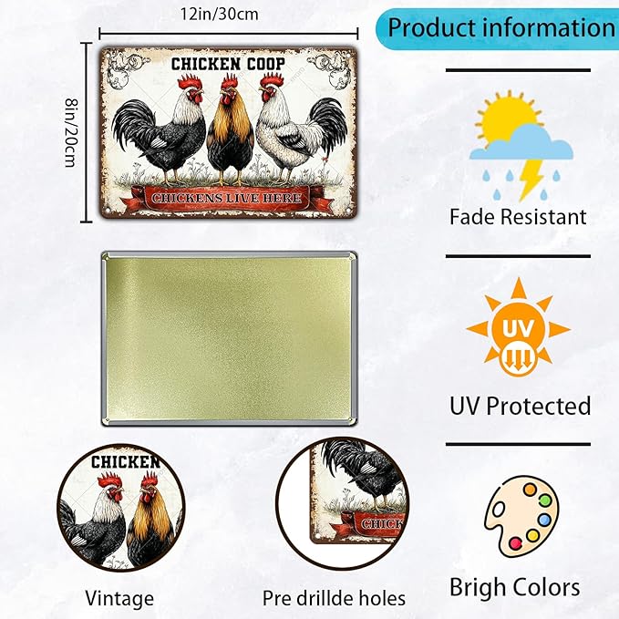 Funny Metal Tin Sign Chicken Coop Chickens Live Here Decoe for Farm Kitchen Garden Gift Metal Wall Art Rooster Hen Indoors or Outdoors 12x8 Inch