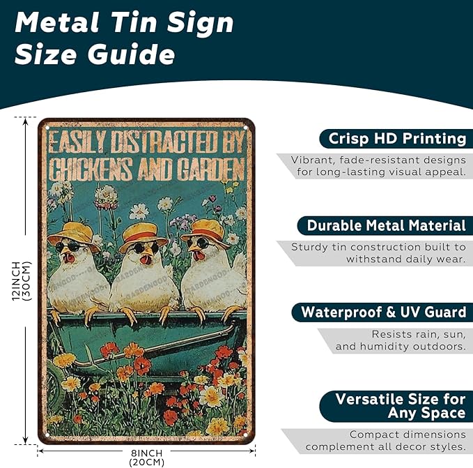 Vintage Hen Signs Easily Distracted By Chickens And Garden Metal Sign For Garden Home Bar Office Wall Art 12x8 Inch