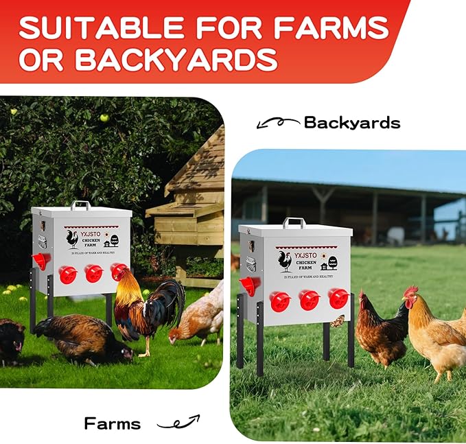 50LB Automatic Chicken Feeder with 8 Ports, Heavy Duty Metal No-Waste Poultry Feeder, Rustproof & Weatherproof Chicken Feeder with Adjustable Legs & Locking Lid