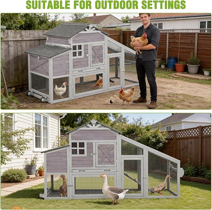 GUTINNEEN Chicken Coop with Wheels for 2-4 Chickens, Large Wooden Outdoor Hen House with Run, Waterproof & UV-Resistant Roof, Removable Leakproof Tray and Divided Nesting Box– Grey
